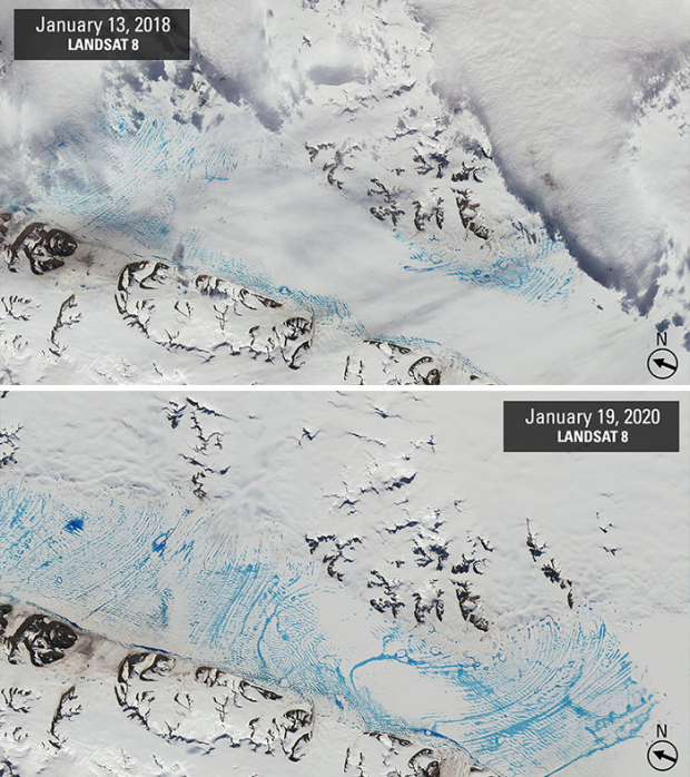 These comparison pictures of meltwater on George VI Ice Shelf, Antarctica