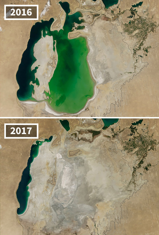 The Aral Sea in Central Asia is rapidly shrinking