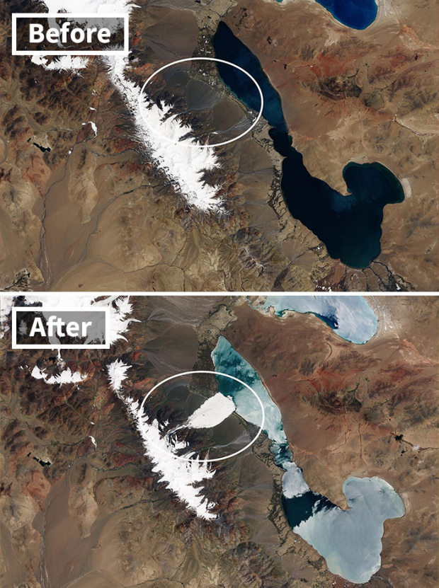 These photos of the ice avalanche in Tibet’s Aru Range